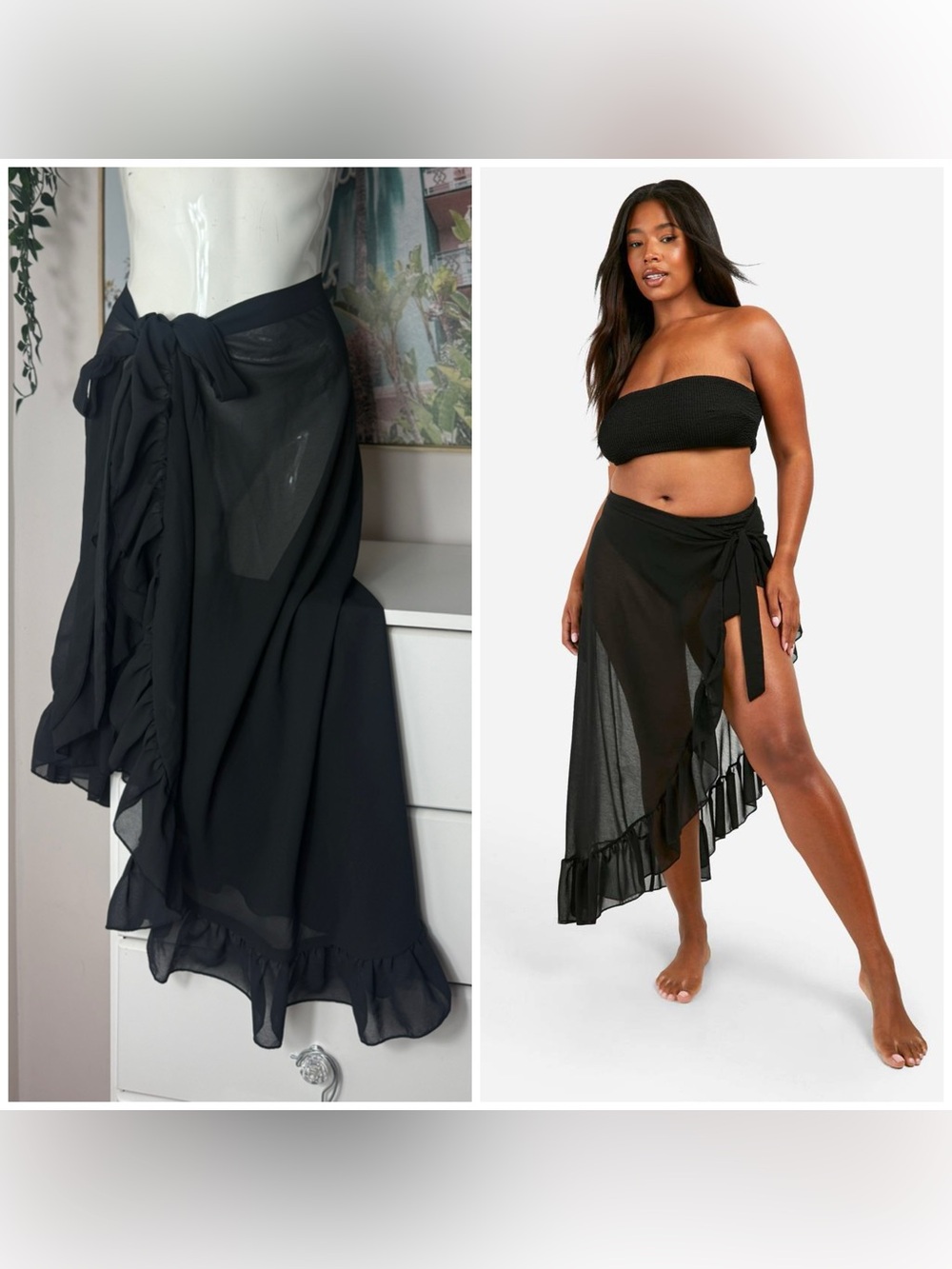 Boohoo Black Sheer Chiffon Ruffle Wrap Sarong Beach Cover Up Skirt Size 16 XL